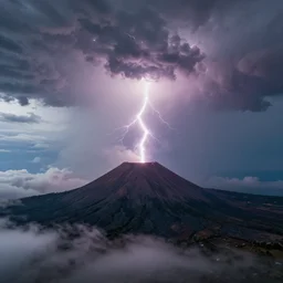 drone footage of a lightning storm over a volcano