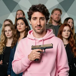 portrait of justin trudeau holding a glock wearing pink hoody, geometric background, detailed, magic realism, mike judge, josephine wall, huang guangjian, viktoria gavrilenko, amanda sage, trending on artstation