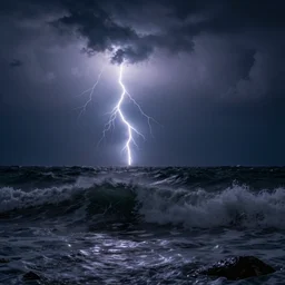 a storm in the sea, night, lighting, big waves, dramatic lighting, ivan aivazovski, turner, michael bay