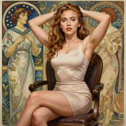 scarlet johansson sitting on a chair, hands in her hair, wearing a short skirt. highly detailed, digital painting, artstation, concept art, smooth, sharp focus, illustration, art by artgerm and alphonse mucha, high definition digital art, in the style of Ross tran and ilya kuvshinov