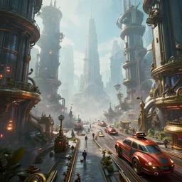inside an etheral steampunk city with vehicles, highly detailed, 4k, HDR, award-winning, octane render, trending on artstation, volumetric lighting