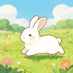 happy rabbit hopping field, summer, bright colourful
