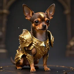 humanoid Chihuahua pinscher mix in golden ornamented armor, ears, white particles, dark souls style, Fantasy Style, cinematic light, 35mm camera lens, with ZBrush, by Zdzislaw Beksinski