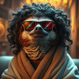 portrait, anthropomorphic sloth, bathrobe, curly hair, electric sunglasses, fantasy, detailed, intricate, luminescent, elegant, detailed, artstation, cinematic lighting,