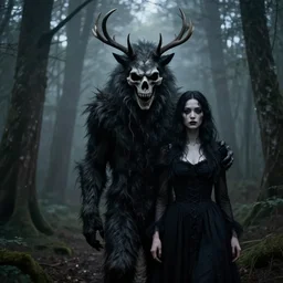 style artgerm, joshua middleton, diego fazio, gerald brom : : scary wendigo with antlers and skull face mixed with werewolf : : [ beautiful witch wearing a black dress, symmetrical face, on the right side ] : : in the forest, detailed, dark and foggy, cinematic lighting
