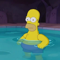 Homer Simpson in a swimming pool dark and creepy 4K quality super realistic