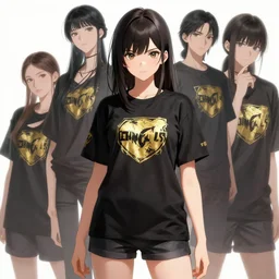 portrait of a beautiful anime girl, powerful leader, casual t - shirt, black and gold, extremely detailed, sharp focus, wide view, full body shot, smooth, digital illustration, by, james jean, by rossdraws, frank franzzeta, sakimichan, jeremy lipking