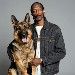 Snoop Dogg holding a German Sheppard for a 1990s sitcom tv show, Studio Photograph, portrait, C 12.0
