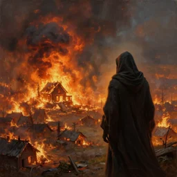 a highly detailed cloaked creature from another dimension watching a house on fire, firestorm, wide perspective, low perspective, burning village, highly detailed digital art, cinematic, hyper realism, oil on canvas, trending on Artstation, octane render