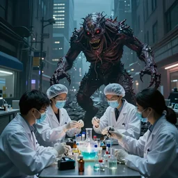 a group of scientists are working on a new genetic experiment when something goes wrong. the resulting creature is a nightmarish monster that terrorizes the city, indiscriminately killing anyone in its path. as the death toll mounts, the authorities are helpless to stop it. panic and chaos ensue as the creature rampages through the streets, leaving a trail of destruction in its wake. - n 9