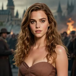 Olivia Culpo as hermione on the hogwarts express, background: battle scene, clear makeup, clean hair, dry skin, clear skin, airbrushed, bright eye makeup, warrior body, photo by mario testino, 8k octane render, cinematic, hyper detailed, micro details, insanely detailed, trending on artstation, concept art