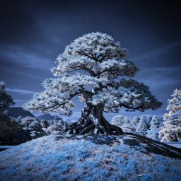 award winning infrared photography by andy lee, blue filter, strange shaped bonsai tree on a hill, symmetrical, dramatic lighting, wide angle lens, long exposure photography