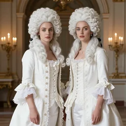 beautiful fashion photograph of two women with 18. century white costumes and white big baroque curly wigs, standing  in a hall, candle light only
