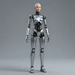 full body photo of a woman with human face and robot body, robot body, steel body, human face, cyborg body