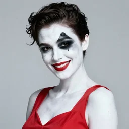 in the style of Rafael Albuquerque, Pale skin Domino marvel comics, asymmetrical black spot over left eye, wearing a red dress, smile