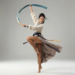 a barefoot female dancer using a silk belt as weapon by wlop, wuxia, xianxia, barefoot, tanned skin, athletic, vivacious, absurdly beautiful, hanfu, fully clothed, chinese ribbon dance, silk belt, detailed, realistic, anatomically accurate, artstation, wlop, wang liang.