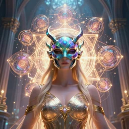 a centered render of an alluring goddess wearing a psychedelic bio - mech mask is surrounded by a glorious sacred energy made from geometry and spiral mandel bulb fractals in a magnificent cathedral, powerful, cinematic, beautifully lit, by artgerm, by karol bak, 3 d, trending on artstation, octane render, 8 k