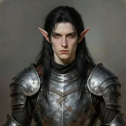 character design, a attractive male elf with pale skin, long black hair and proeminent cheekbones, medieval, armor, painting by wlop, nixeu and greg rutkowski, beautiful, semirealism, artstation, octane render, sharpness, 8 k, golden ratio