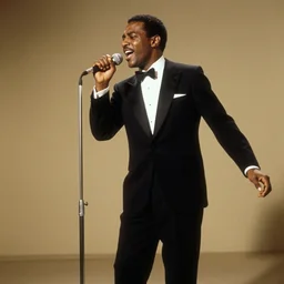 a man in a tuxedo singing into a microphone, a colorized photo by Svend Rasmussen Svendsen, dribble, harlem renaissance, 1970s, 1990s, movie still