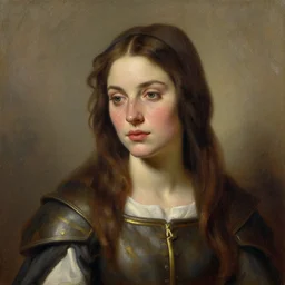 a beautiful woman looking like a joan of arc, brunette, freckels oil painting on a canvas