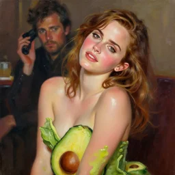 expressive oil painting, of emma watson wearing avocado themed dress, loving seductive look, smooth glowing skin, glistening body, love, adoration, blushing, glamour shot, by yoshitaka amano, by greg rutkowski, by jeremyg lipkinng, by artgerm, digital art, octane render