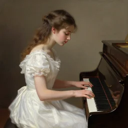 a beautiful girl with white dress playing the piano, realistic painting, classical painting, high definition, digital art, matte painting, very detailed, realistic