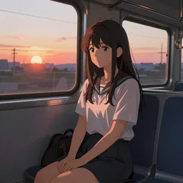 a beautiful girl with long dark hair, sitting alone on a train, sunset, sharp focus, intricate, digital painting, artstation, official media, anime key visual, highly detailed, rich vivid colors, ambient lighting, illustration, art by Artgerm, Makoto Shinkai, Ilya Kuvshinov, Lois Van Baarle, and Rossdraws