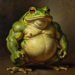 subject:  oversized muscular frog swat commander  medium shot portrait, style:  very heavy textured rembrandt oil painting with dramatic light