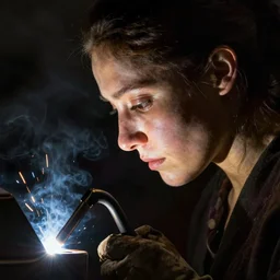 a woman's face in profile, welding torch, in the style of godfried cornelisz schalcken and gregory crewdson, dark and moody