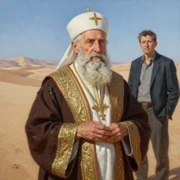 beautiful oil painting with high detail of a gorgeous and elderly orthodox patriarch in the desert by artgerm and greg rutkowski and thomas kinkade