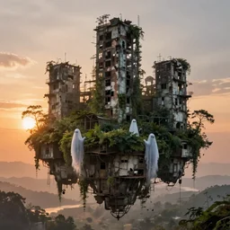 ghosts left in an abandoned floating overgrown city, sunset, detailed, landscape, canon 50mm lens