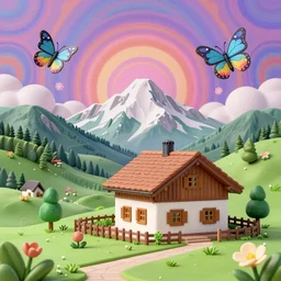 3 d render of matte painting of mountain cottage szene in beautiful mountain landscape in the bavarian alps against a psychedelic surreal background with 3 d butterflies and 3 d flowers n the style of 1 9 9 0's cg graphics, lsd dream emulator psx, 3 d rendered y 2 k aesthetic by ichiro tanida, 3 do magazine, wide shot