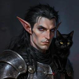 head and shoulders portrait of an eldrich knight, drow, dark elf, shadar kai, armored, magical, male, black cat familiar, high fantasy, d & d, by boris vallejo, face details, extremely detailed, digital illustration