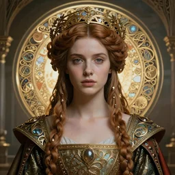 beautiful young medieval queen by magali villeneuve, iris van herpen, jean delville, james jean, art nouveau, visionary, symbolist, detailed face portrait octane render, ornate garments, beautifully lit, ethereal