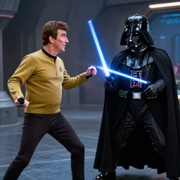 photoelectric movie scene with mister spock in star wars duelling darth vader, high quality, 8 k