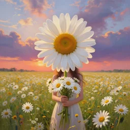 head made of giant daisies, girl standing in a vast flower field, holding flowers, surreal photography, sunrise dramatic light, impressionist painting, colorful clouds, large sky, digital painting, artstation, simon stalenhag, flower face