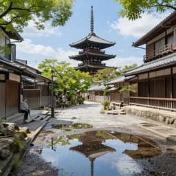 sunny day in kyoto, puddles everywhere, realistic, ultra realism, trending on artstation, rendered in 3 ds max