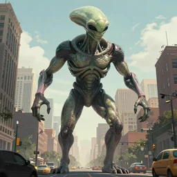 a massive humanoid alien stomping about a metropolitan city, beeple