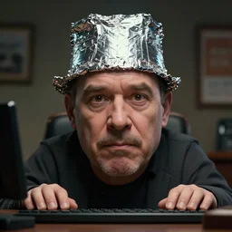 hyperrealistic mixed media image of info wars alex jones wearing tin foil hat at desk, stunning 3 d render inspired art by xiang duan and thomas eakes and greg rutkowski, perfect facial symmetry, hyper realistic texture, realistic, highly detailed attributes and atmosphere, dim volumetric cinematic lighting, 8 k octane detailed render, post - processing, masterpiece,