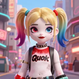 lofi biopunk portrait of harley quinn, city background, Pixar style, by Tristan Eaton Stanley Artgerm and Tom Bagshaw.