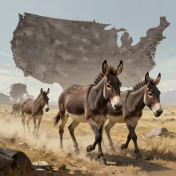 wild donkeys roaming in a post - apocalyptic united states, highly detailed, digital painting, artstation, concept art, smooth, sharp focus, illustration, art by artgerm and greg rutkowski and alphonse mucha, 8 k