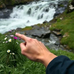 realistic hand points at clump of grass and flowers, a rushing waterfall flows past in the background