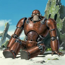 concept illustration of a huge bronze metal robot ogre with weird metal pipes all over its body, lying calmly in the white sand among green grey ruins against a bright blue sky, in the style of award winning animated movie ghibli studio,