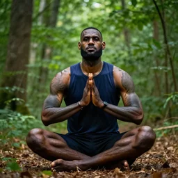 lebron james doing yoga in the forest, ( eos 5 ds r, iso 1 0 0, f / 8, 1 / 1 2 5, 8 4 mm, postprocessed, crisp face, facial features )