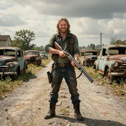fallout 5, smiling simon pegg shotgun, portrait, dilapidated counrty roads, rusty retro vintage vehicles, atmospheric lighting, painted, intricate, volumetric lighting, beautiful, daytime, sunny, slight overcast weather, sharp focus, deep colours, ultra detailed, by leesha hannigan, ross tran, thierry doizon, kai carpenter, ignacio fernandez rios