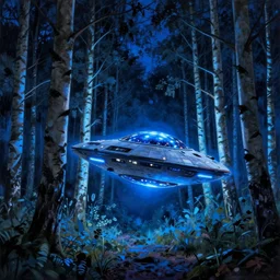 matte painting glowing spaceship in clearing in birch Forest at night. Forest is lit by eerie blue glow. Ufo. Digital painting. Beeple. Noah Bradley. Cyril Roland trending on artstation.