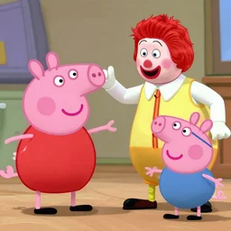 an epic fightscene between ronald mcdonald and peppa pig, film still, red 8k camera, highly detailed