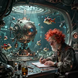 secret labor under the surface, scary machine with floating animals in it, crazy professor with red hair writing down some notes, digital art, scary atmosphere, raytracing, hd