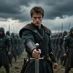 mid shot of a man in his twenties with brown hair and hazel eyes eyes standing with his sword drawn before an approaching army, dark clouds, cinematic shot
