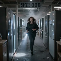 woman holding a flashlight running through the interior of a furniture store, refrigerators, cinematic lighting, night, terrifying, scp 3008, landscape, fog, artstation